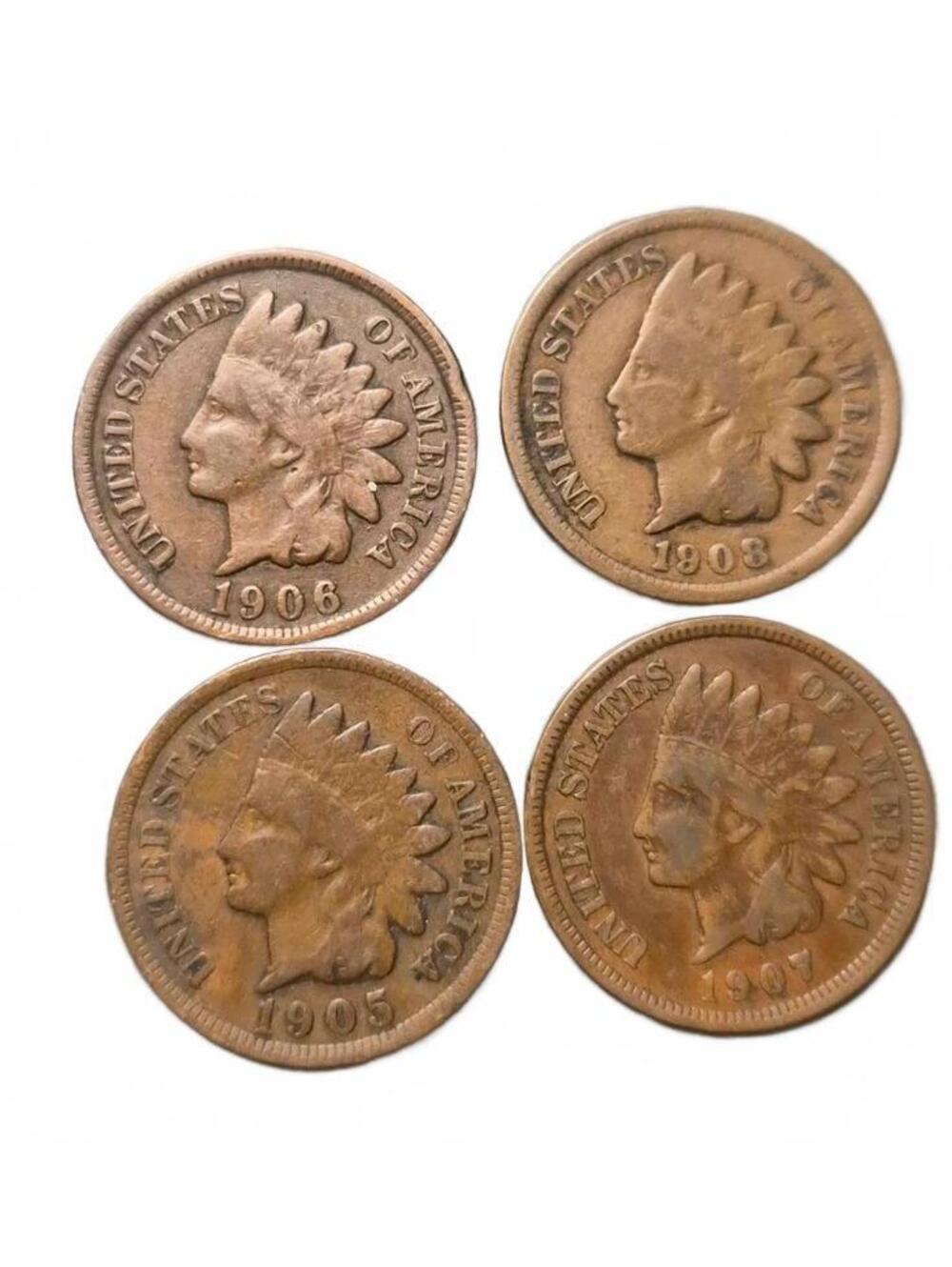 1905-1906-1907-1908 (4) Indian Head Pennies good condition See pictures *100